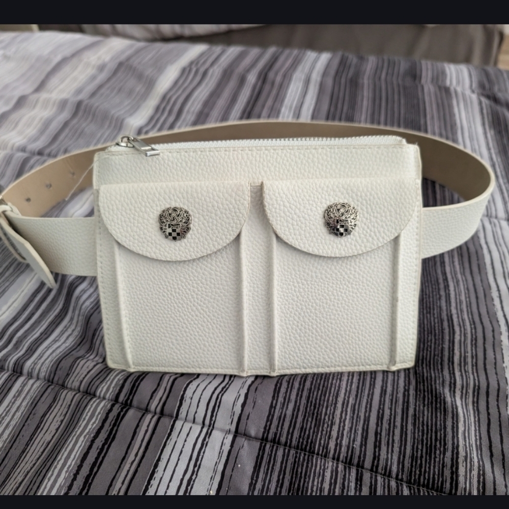 Vince Camuto White Pebbled Leather Dual-Pocket Belt Bag